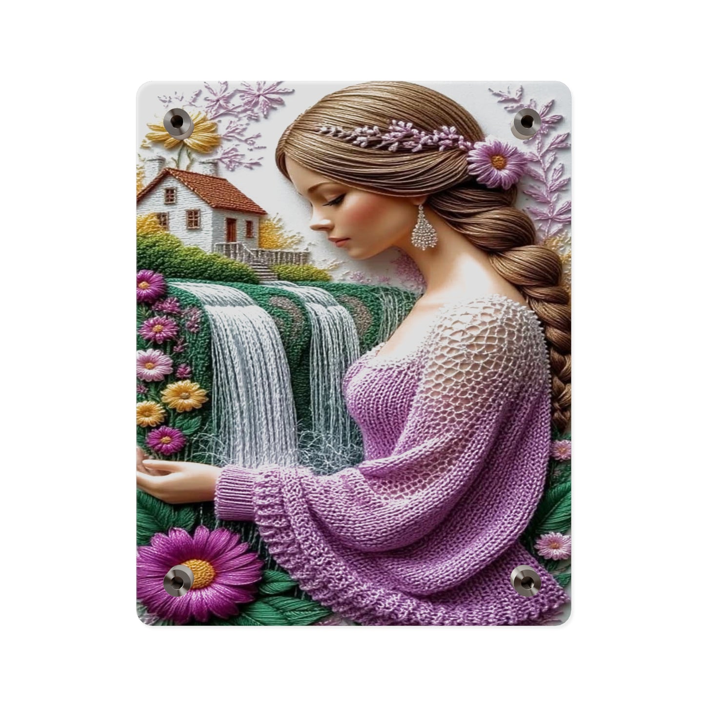 Crochet 3d Art Girl in Garden Acrylic Wall Art Panels Home Decor