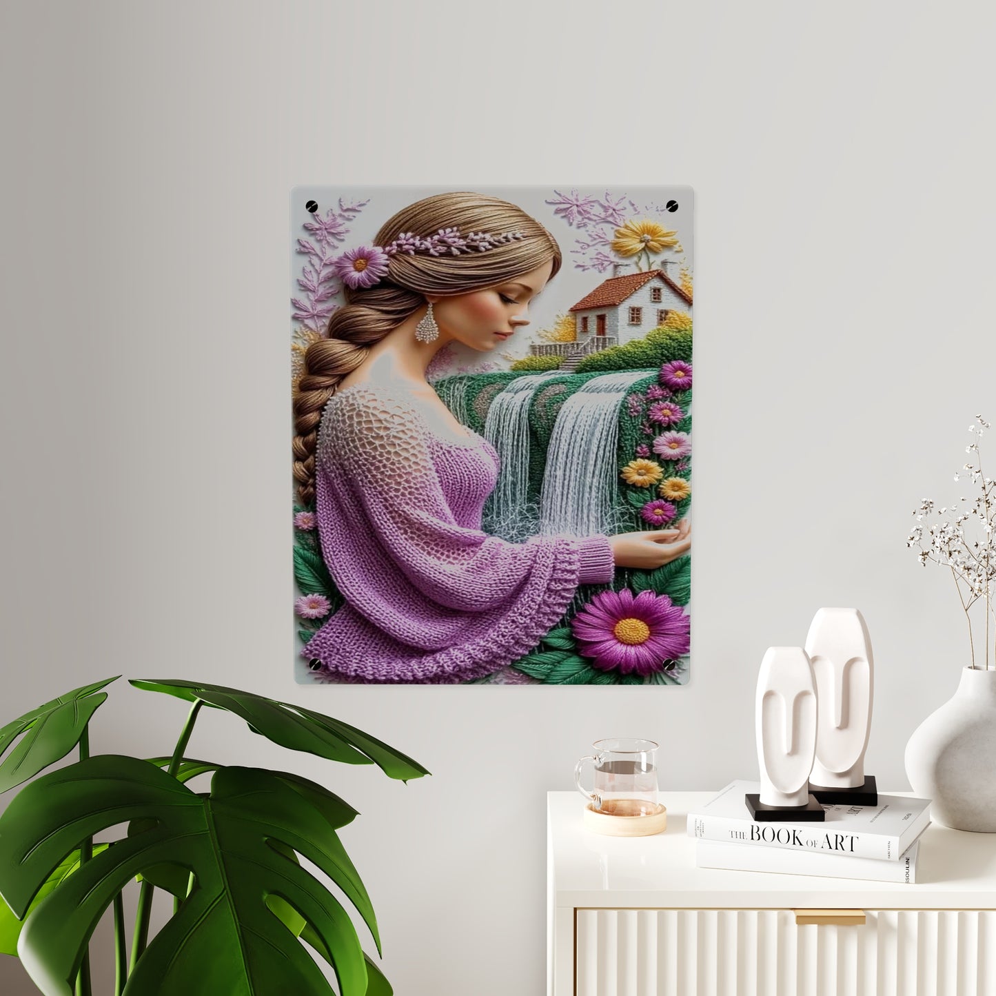 Crochet 3d Art Girl in Garden Acrylic Wall Art Panels Home Decor