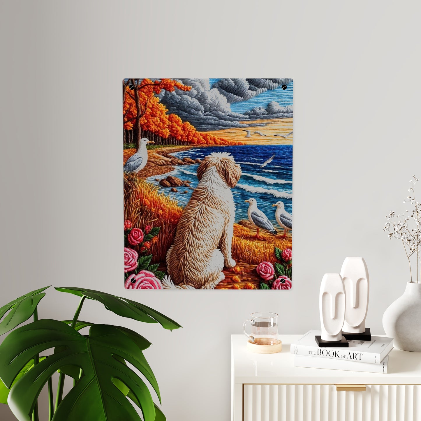 Crochet Dog At A Beach  Acrylic Wall Art Panels Home Decor