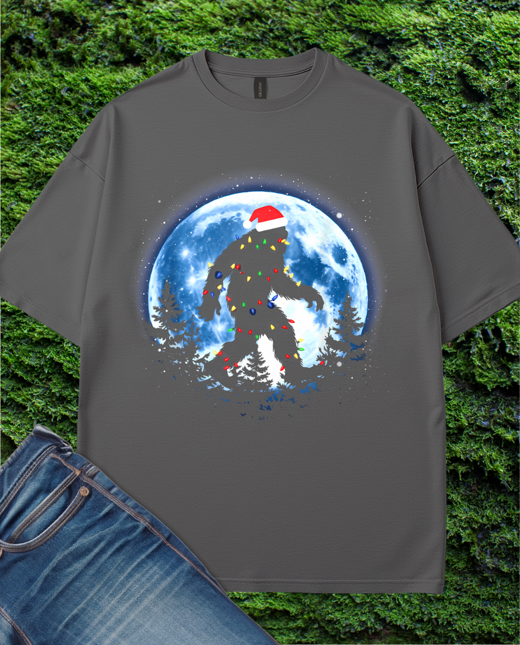 Santa Hat Sasquatch Moon T-Shirt