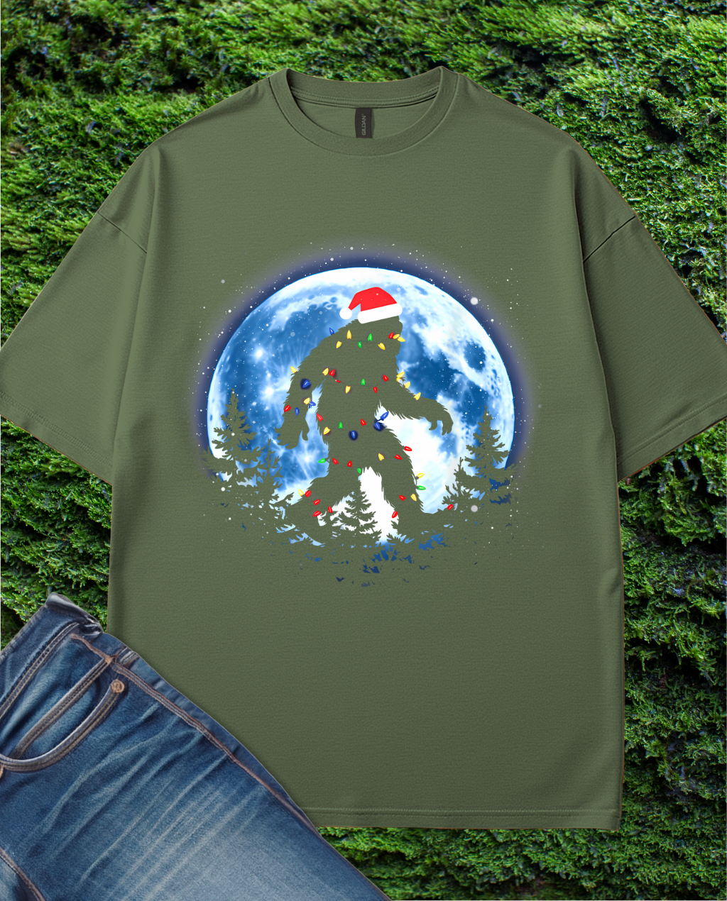Santa Hat Sasquatch Moon T-Shirt