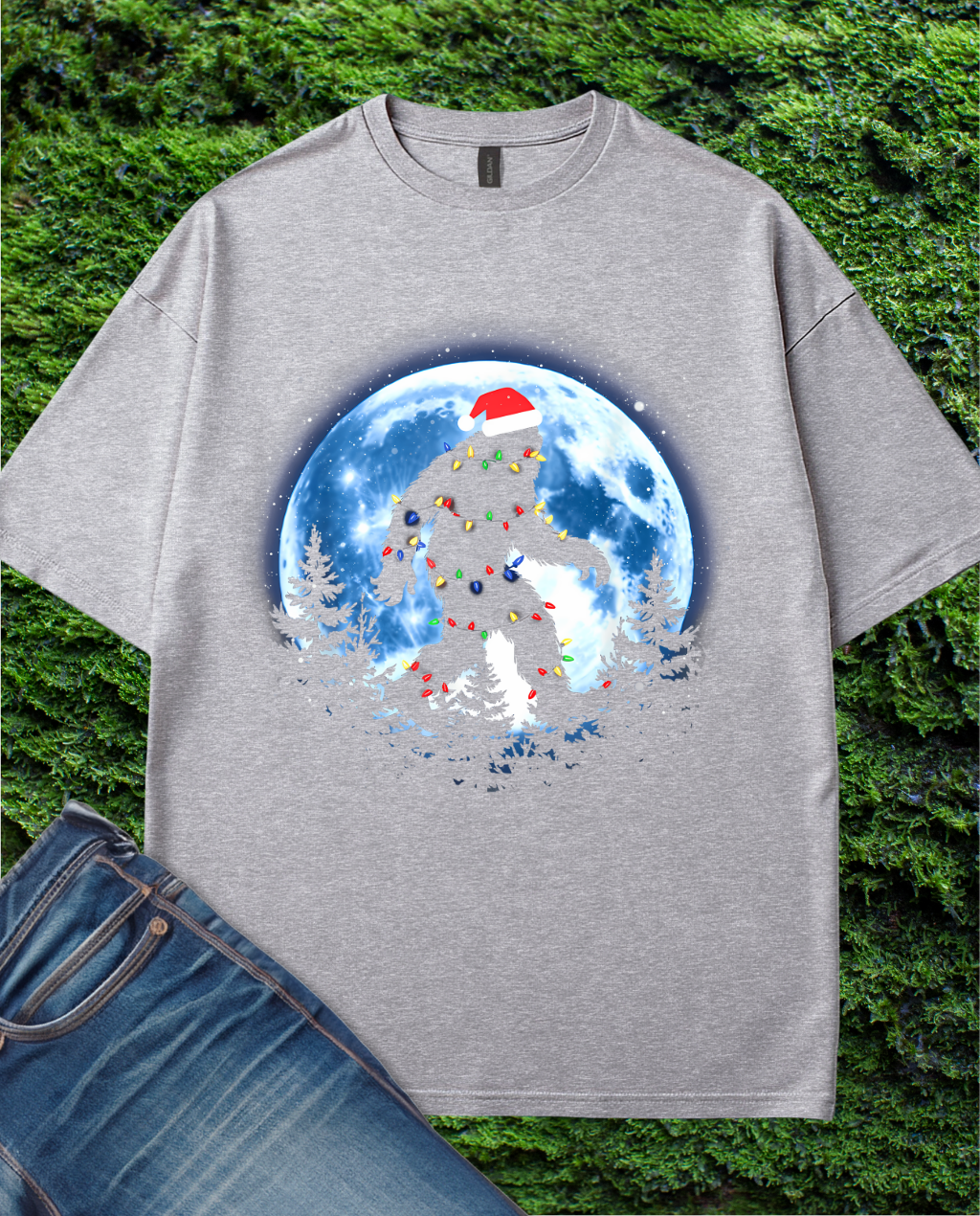 Santa Hat Sasquatch Moon T-Shirt