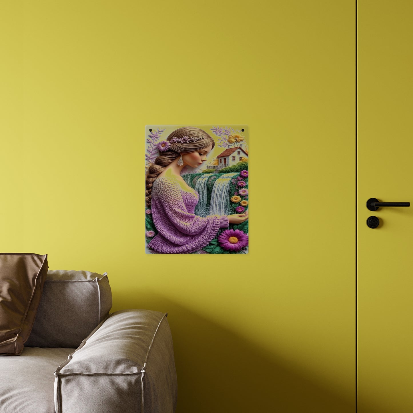 Crochet 3d Art Girl in Garden Acrylic Wall Art Panels Home Decor