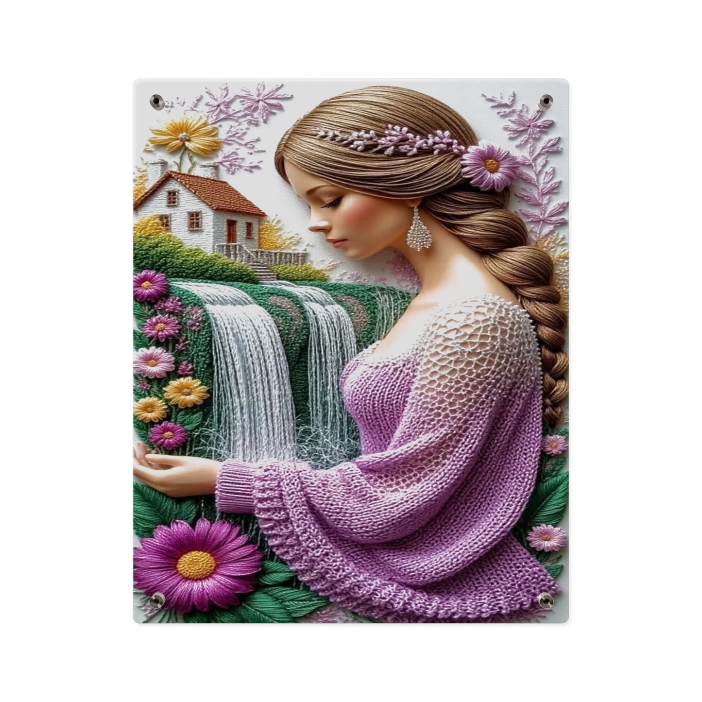 Crochet 3d Art Girl in Garden Acrylic Wall Art Panels Home Decor