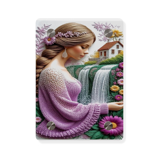 Crochet 3d Art Girl in Garden Acrylic Wall Art Panels Home Decor